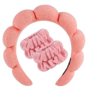KIKI Spa Headband and Wristband Set, Terry Cloth Soft Puffy Hairband with Non-Slip Design for Facial Cleansing and Skincare