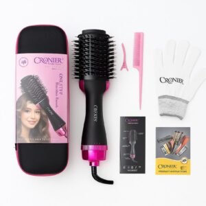 Cronier Kronier CR-8231 Hair Dryer & Styler Brush - 1200 Watts | Hot Air Function | 3 Heat Settings | Oval Design | Includes Thermal Glove, Comb, Clips, Stylish Bag - Dry and Style Hair in One Step with Salon Results