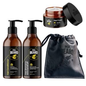 Mr.Beard Mr. Beard Hair Rescue Bundle for Men – Shampoo, Conditioner, Hair Food & Premium Leather Pouch – Anti-Dandruff, Strengthening & Nourishing – Natural Ingredients