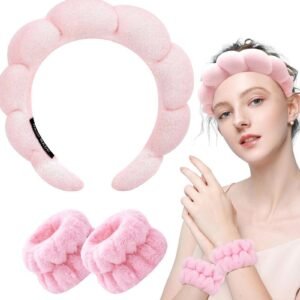 KIKI Spa Headband and Wristband Set, Terry Cloth Soft Puffy Hairband with Non-Slip Design for Facial Cleansing and Skincare