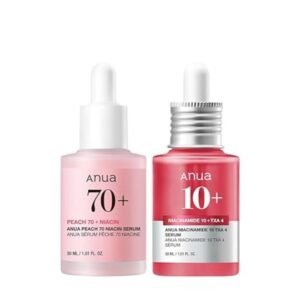 Anua Pink Serum Duo for Korean Glass Skin:10% Niacinamide + 4% Tranexamic Acid Serum & Peach 70 Niacinamide Serum for Dull Skin, Skin Barrier, Korean Skincare 30ml