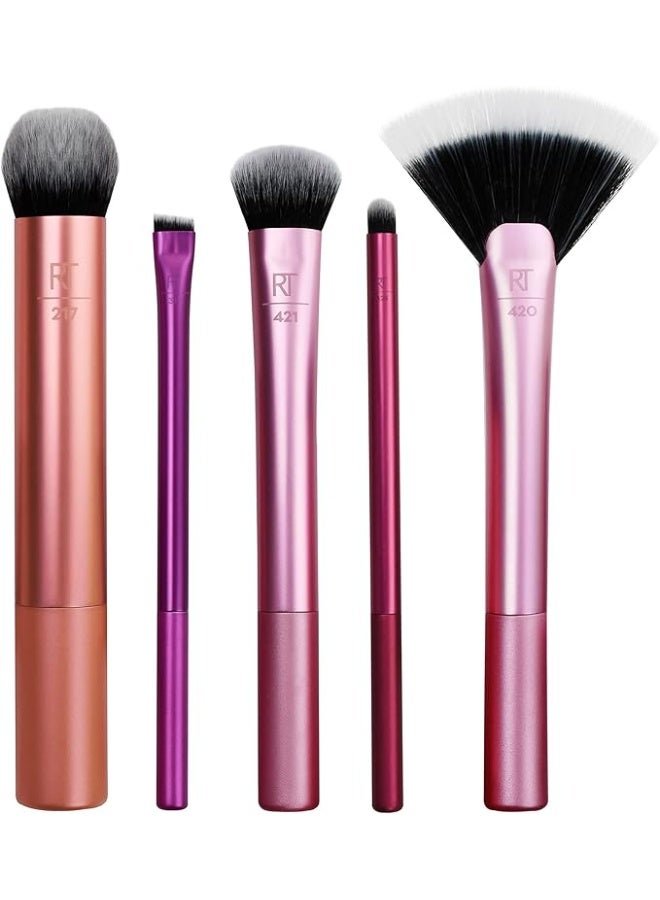 أر تي طقم فرش مكياج ريل تكنيكز ، لبودرة الأساس، البلاشر، الهايلايتر، ظلال العيون، والآيلاينر، أدوات مكياج احترافية، شعيرات صناعية، نباتية وبدون قسوة، ٥ قطع.